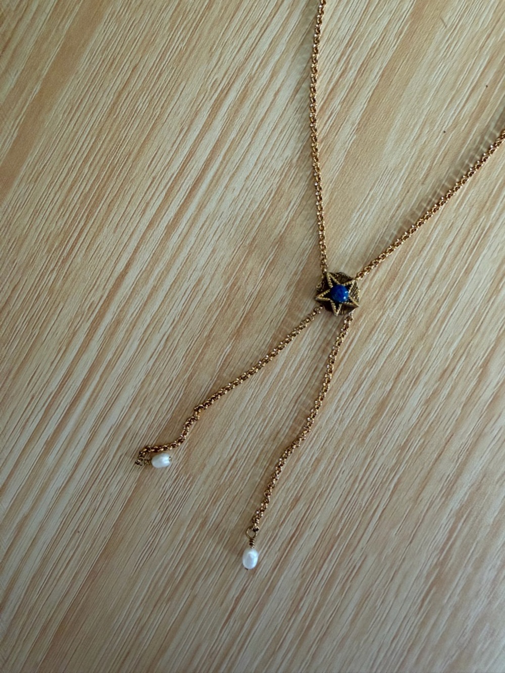 Gold-Plated Lariat Necklace with Blue Star and Pearl Drops